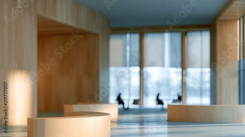 Warm, modern interior with curved wooden architecture, large windows, soft light