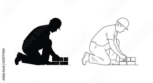 Quadro su tela bricklayer working with bricks construction worker silhouette