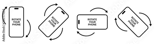 Rotate your phone icon set with smartphone orientation symbols, vertical and horizontal screen rotation illustration, mobile device instruction signs, simple black outline interface graphic collection