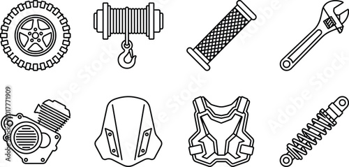 Foto Motorcycle Parts and Riding Equipment Icon Set Featuring Tires, Winches, Shock A
