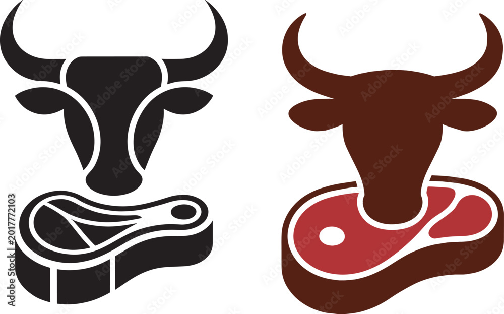 Obraz premium Bull Head Steak Logo Set for Steakhouse Restaurant Branding, BBQ Grill Identity and Premium Beef Butcher Shop Packaging Design