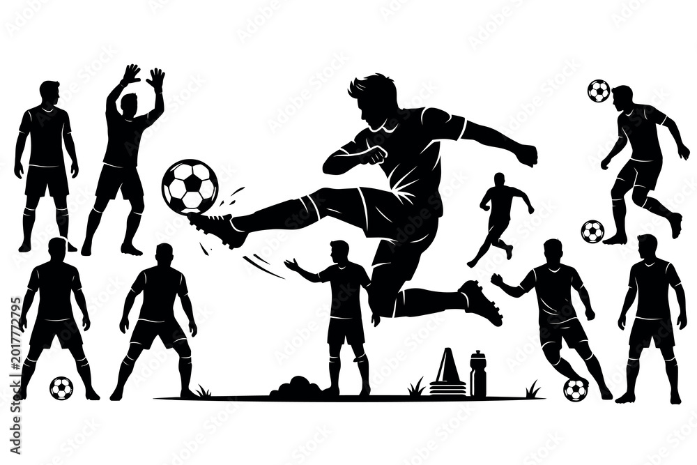 Fototapeta premium Soccer team lineup silhouette, black flat vector collection, white background