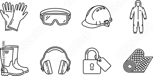 Quadro em tela Personal Protective Equipment Icon Set Featuring Safety Gloves, Helmet, Goggles,