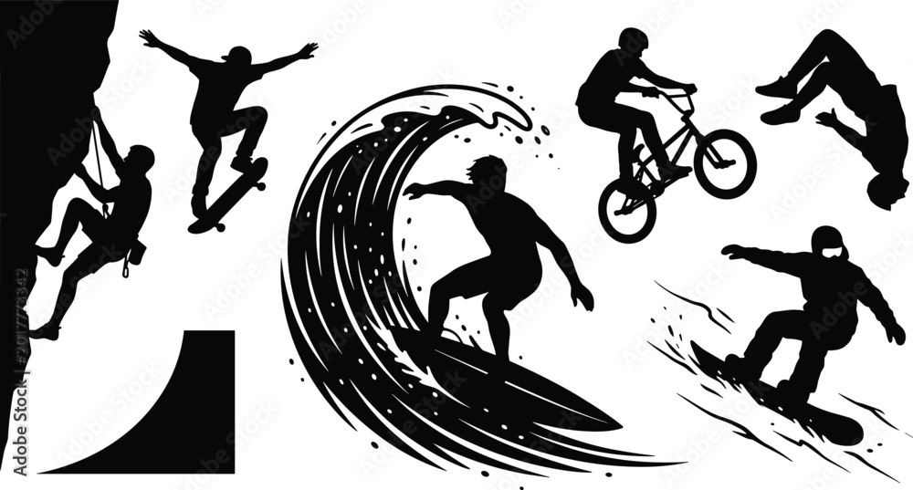 Fototapeta premium Extreme Sports Silhouette Collection Featuring Surfing, Skateboarding, Rock Climbing, BMX Cycling, Snowboarding, and Freestyle Action Poses