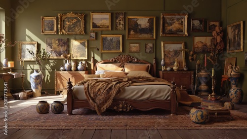 Luxurious Bedroom Interior with Antique Bed and Warm Golden Light – Cozy and Elegant Home Decor Lifestyle Photography