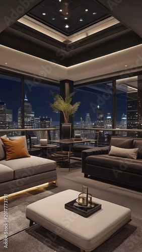 Modern Living Room Interior with City View: Luxurious Apartment Decor and Sophisticated Design Elements.