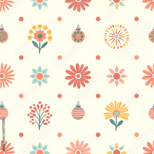 A pattern filled with colorful flowers and shapes arranged in a seamless manner on a light background. The vibrant colors attract attention Generative AI