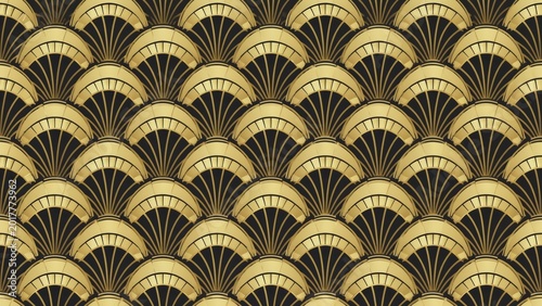 Seamless Art Deco Pattern: Repeating Golden Fan Motif on Black Background, Luxury Design Element for Textiles and Digital Graphics.