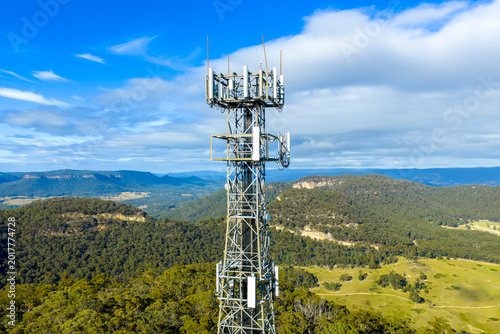 Aerial photograph of the top section of a large and high telecommunications tower in the Kanimbla Valley in the Blue Mountains in New South Wales, Australia