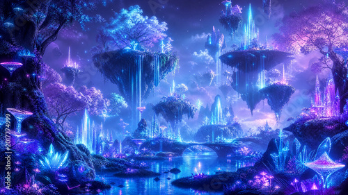 Surreal Bioluminescent Forest with Floating Islands and Crystalline Plants