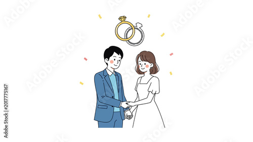 Cartoon couple exchanging wedding rings.