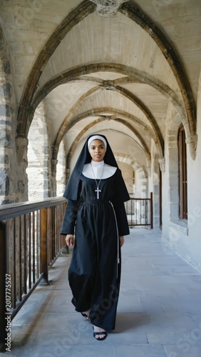 Nun Walking Outdoors in Convent Cloister, Religious Woman in Habit, Faith and Spirituality Portrait, Serene and Peaceful Religious Life