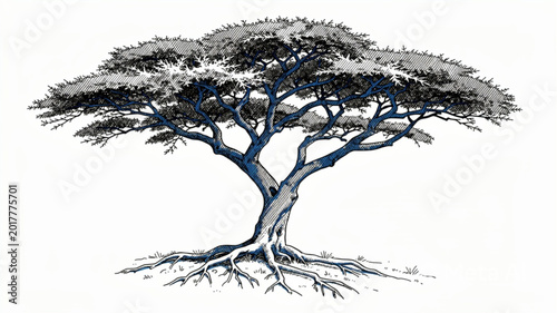 Cuadro en lienzo Detailed illustration of a solitary acacia tree with visible roots