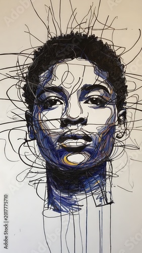 Detailed Portrait Illustration of a Young Black Woman in Blue and Black Ink Lines, Modern Artistic Representation.