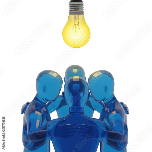 Team of robots collaborating under a bright idea lightbulb