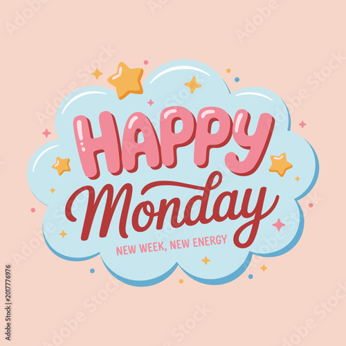 Canvastavla Happy monday motivational quote graphic featuring playful pink and red typograph