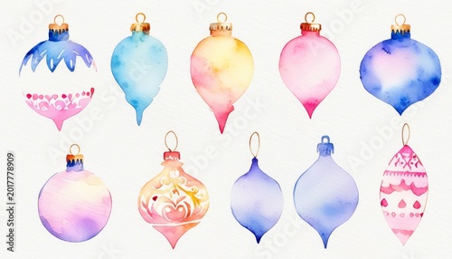 Set of watercolor ornaments in pastel colors, scattered on background