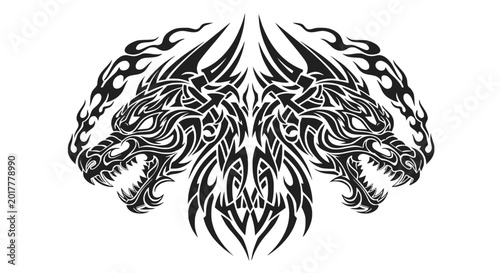 Tribal Two-Headed Dragon Illustration with Flame Elements