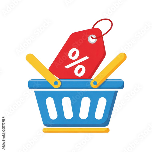Colorful shopping basket with a red heart-shaped gift box and pencils