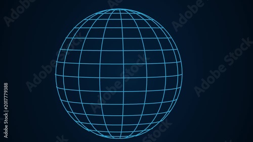 3D rendering of a sphere made up of thin blue lines. The lines are arranged in a grid-like pattern, with each line intersecting at the top and bottom of the sphere.