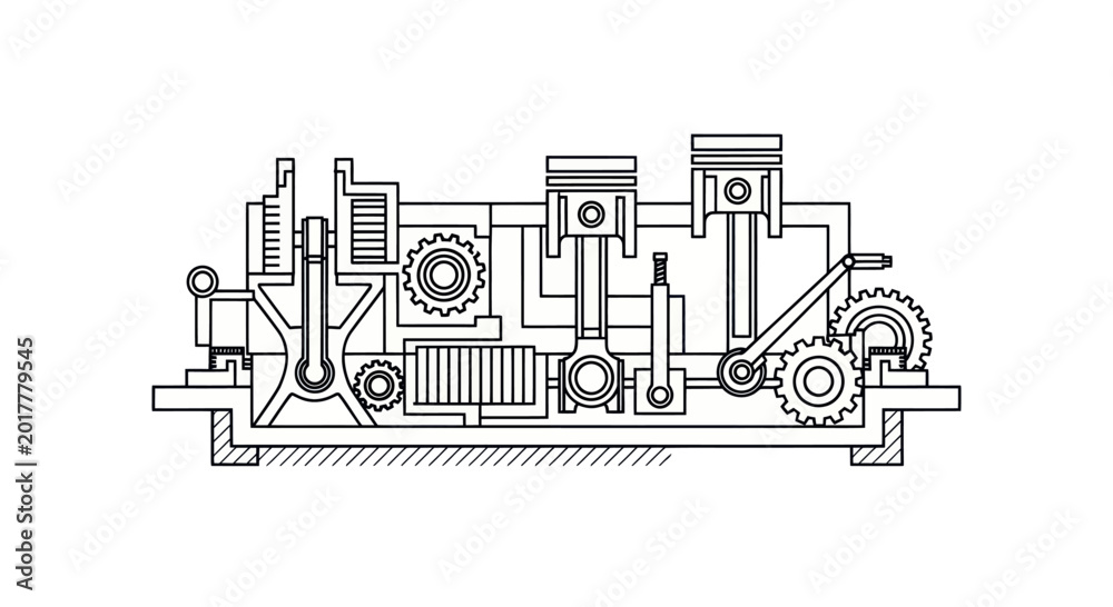 Naklejka premium Internal Combustion Engine Diagram, Piston, Crankshaft, Gears, Mechanical Engineering