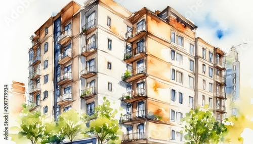 Hand-painted watercolor modern city apartment exterior