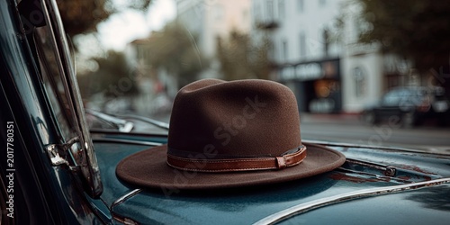 A brown fedora rests on the hood of a vintage teal car parked on a street