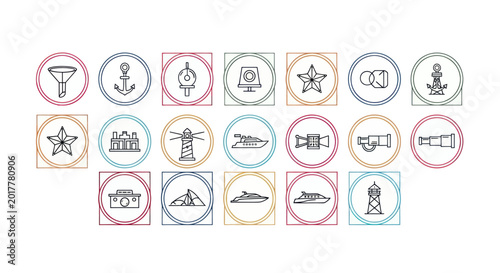 Foto Nautical Icons Collection: Ships, Lighthouses, Buoys, Anchor, Starfish