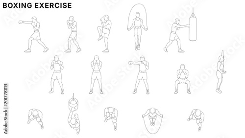 Tableau sur toile Boxing workout exercise illustration set with boxer training poses, punching, ju