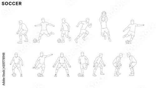 Tableau sur toile Soccer player action illustration set with football dribbling, kicking, running,