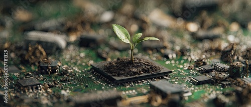A tiny green sprout emerges from soil atop a computer chip