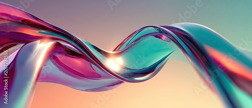 Abstract flowing iridescent metallic ribbon with soft gradient background
