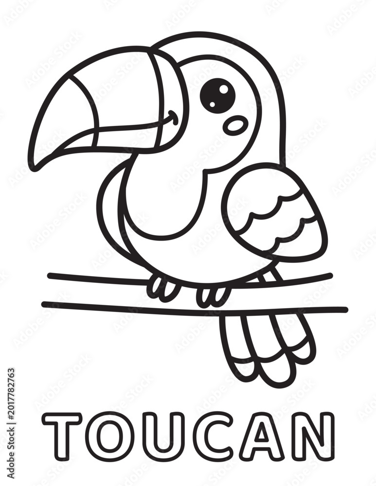 Fototapeta premium Cute toucan coloring page for kids with big beak sitting on a branch