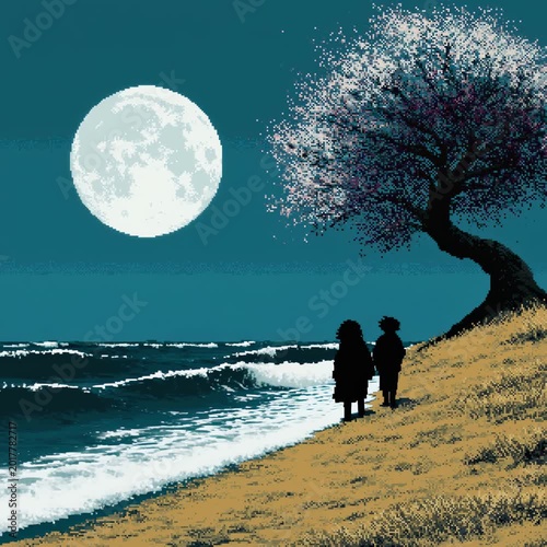 Romantic Silhouettes of a Couple Gazing at the Moonlit Ocean Beneath Cherry Blossoms