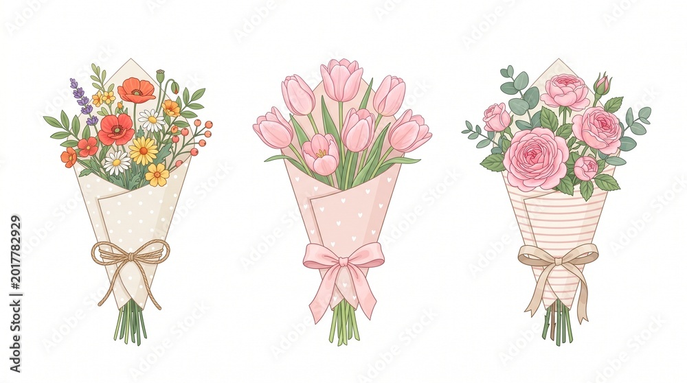 Obraz premium Beautiful Flower Bouquet Illustration Set with Roses, Tulips, and Wildflowers in Paper Wrap for Greeting Cards, Wedding, and Mother's Day