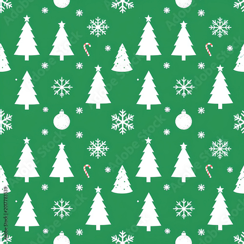 Green wrapping paper covered in white trees, snowflakes, and candy canes. It is perfect for gifts during the holiday season and for celebrations Generative AI