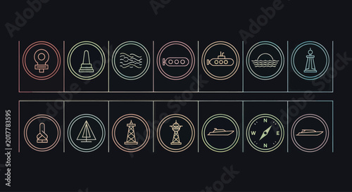 Bild auf Leinwand Nautical Icons Set: Lighthouse, Ship, Compass, Submarine, Waves, Sunset, Radar