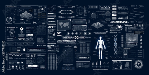 Futuristic Sci-Fi Interface elements and HUD data panels. Hi-tech UI, UX, HUD, charts, frames, 3D earth globe, digital infographics, data, dashboard screens. Sci-fi GUI set and 3D elements. Vector set