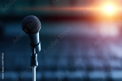 A close-up shot of a microphone on a stand in a dimly lit performance space