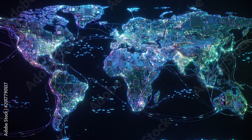 Digital World Map Network Global Connection Data Technology Internet Cyber AI Glowing