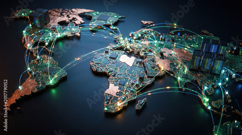Digital World Map Network Global Connection Data Technology Internet Cyber AI Glowing