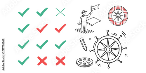 Hand drawn checklist captain with flag ship wheel and pencil illustration