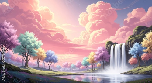 Luminous Pastel Sky Over a Serene Fantasy Waterfall and Rainbow Forest.