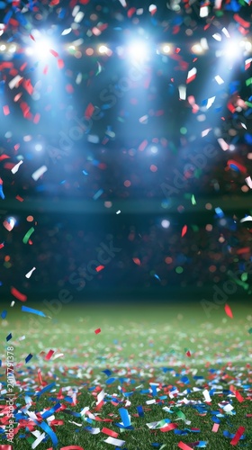 Festive soccer background, confetti falling in red, white, blue, and green, stadium lights, celebration of the beautiful game