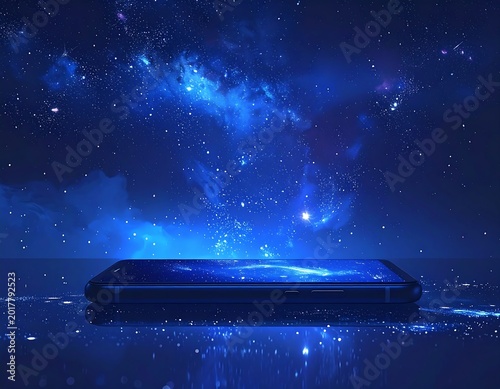 An illustration depicting a cell phone displaying a vibrant cosmic scene, reflecting on a dark surface under a star-filled sky