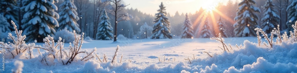 Fototapeta premium A frosted windowpane reveals a winter landscape, glazed with ice crystals and a dusting of snow Sunlight catches the frozen beauty, creating a shimmering effect , snow, window
