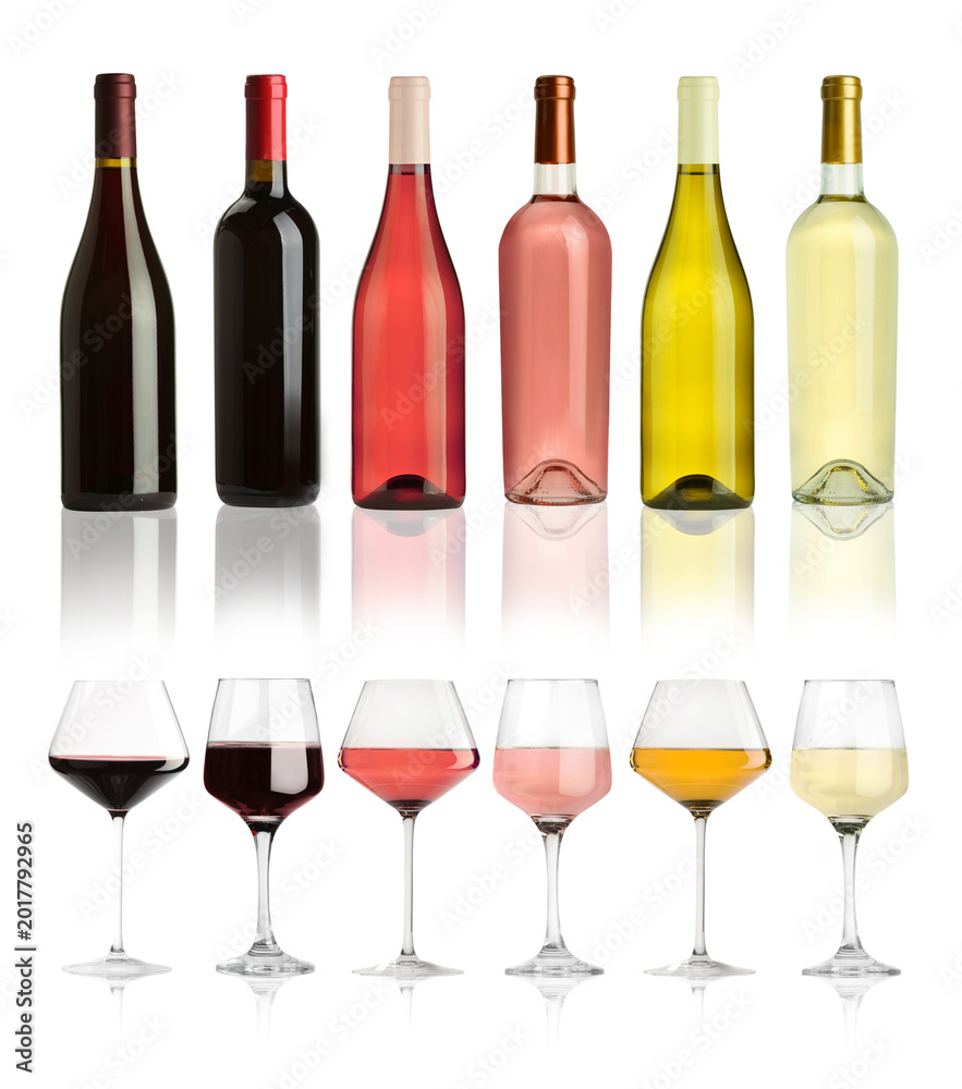 Obraz premium Rose, red and white wine in bottles and glasses on transparent background