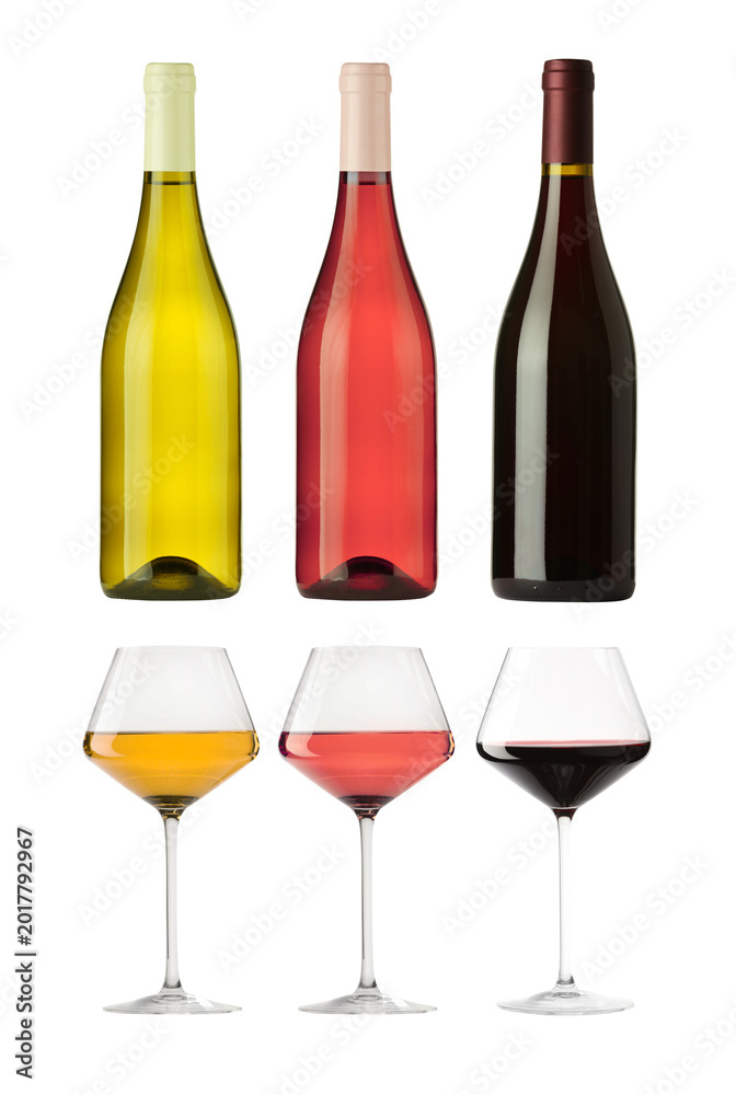 Fototapeta premium Rose, red and white wine in bottles and glasses on transparent background