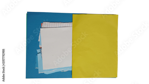 Blue and yellow folders with papers on a desk