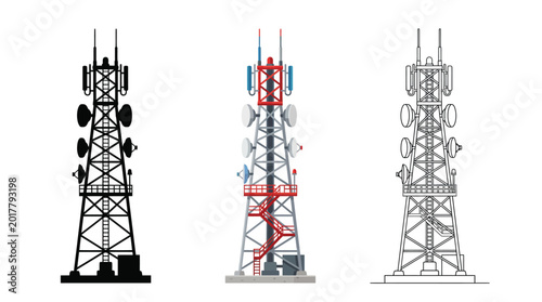 Three distinct styles of telecommunication towers displayed in a clear and professional flat graphic design